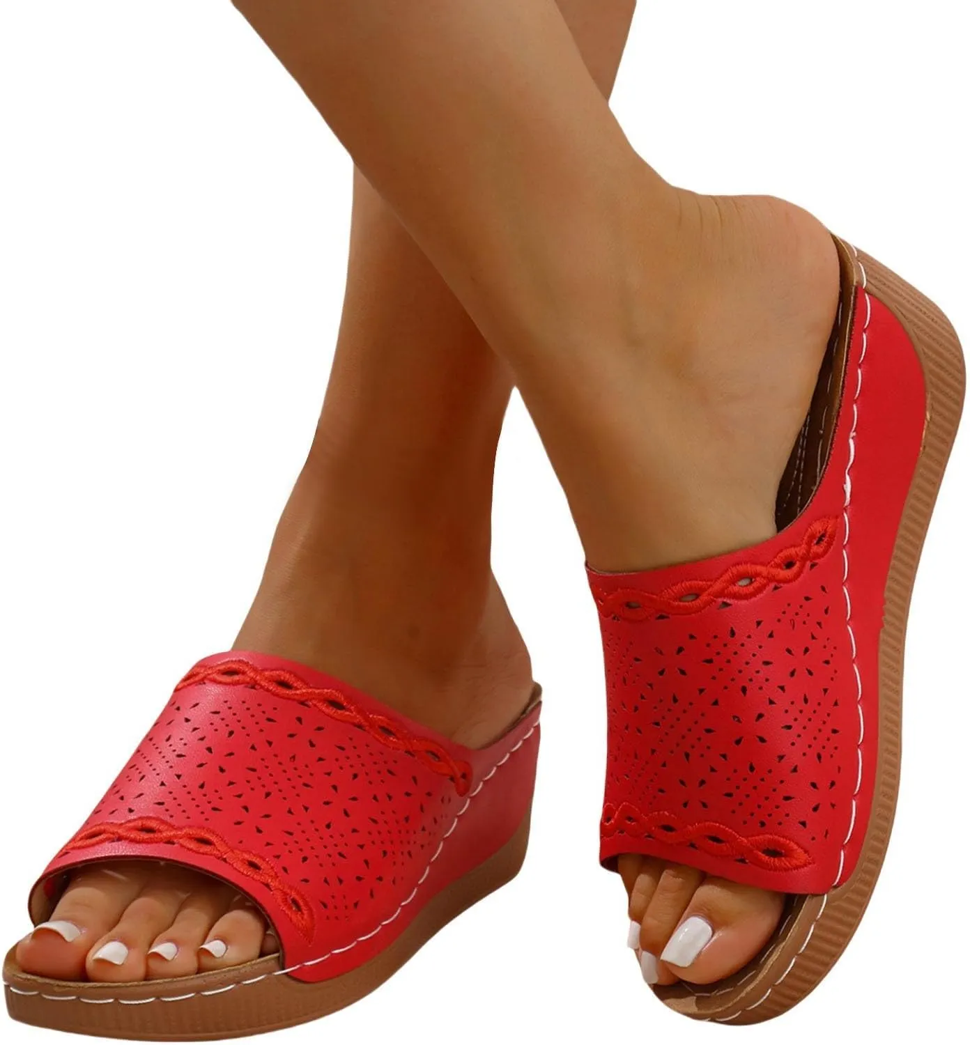 Wedge Slides for Women Comfortable Walking Slippers Orthopedic Platform Sandals with Arch Support Wide Width Open Toe Non Slip Beach Shoes Lightweight Hollow Breathable Sandals