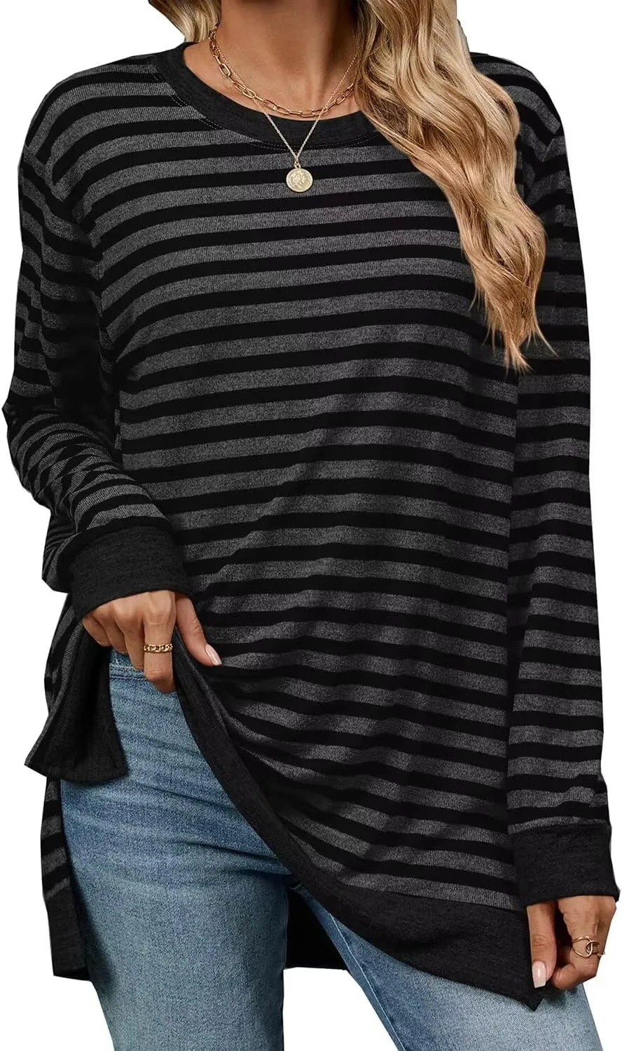 WELINCO Womens Crewneck Pullovers Color Block Long Sleeve Side Split Tunic Tops