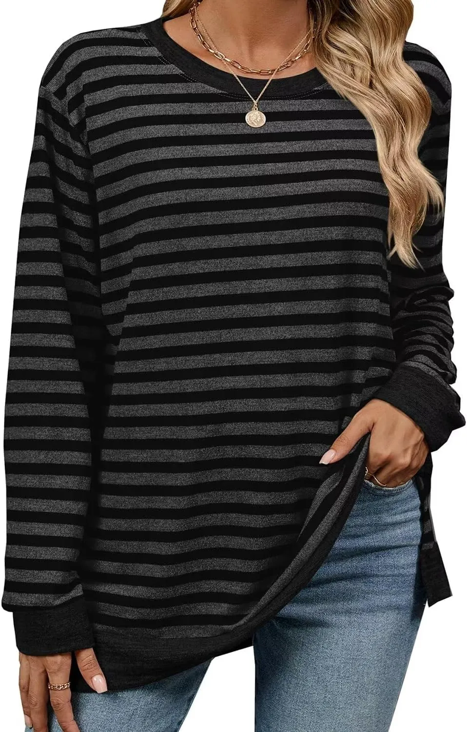 WELINCO Womens Crewneck Pullovers Color Block Long Sleeve Side Split Tunic Tops