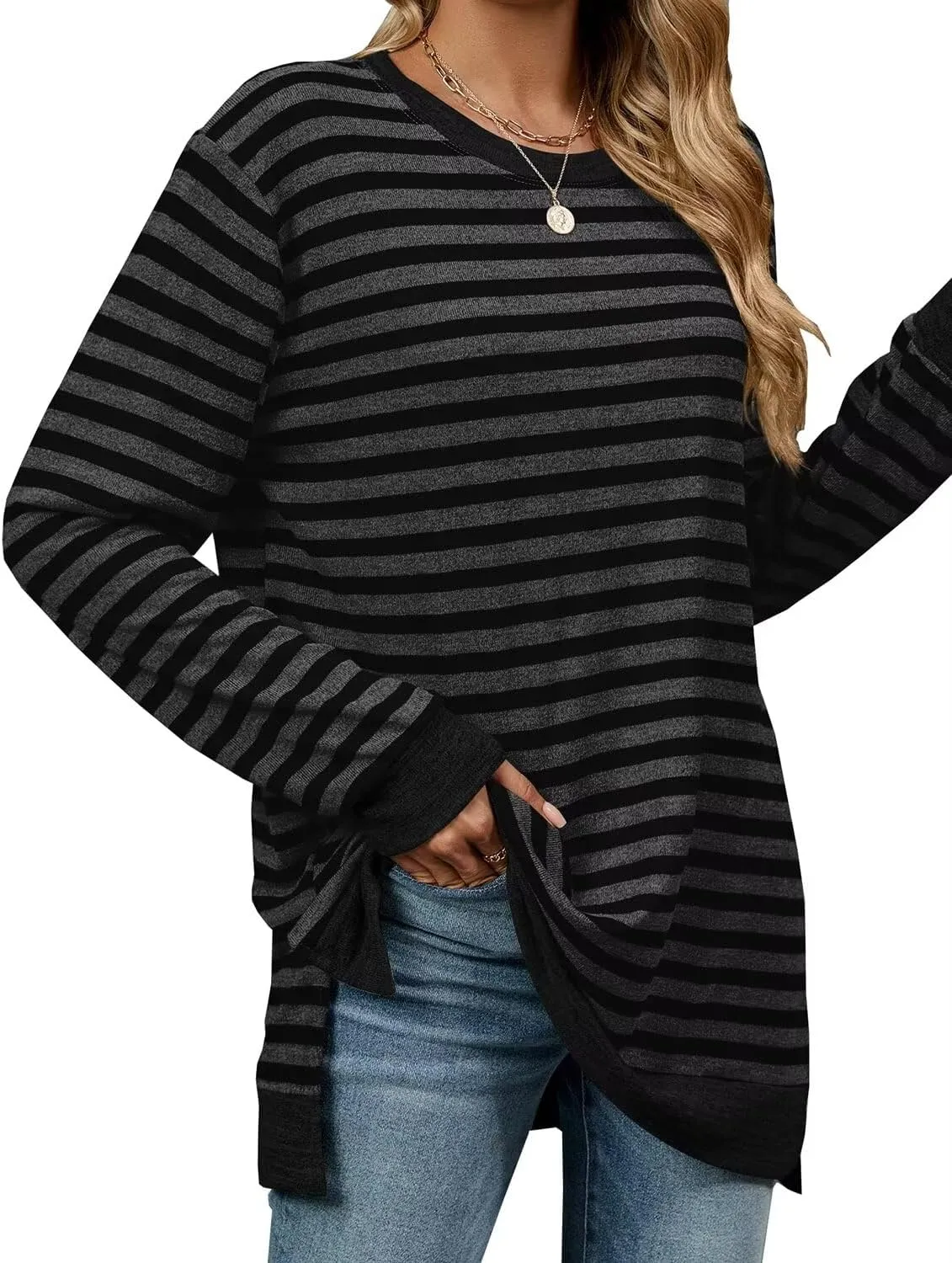 WELINCO Womens Crewneck Pullovers Color Block Long Sleeve Side Split Tunic Tops