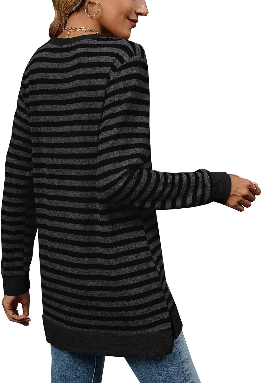 WELINCO Womens Crewneck Pullovers Color Block Long Sleeve Side Split Tunic Tops