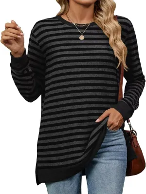 WELINCO Womens Crewneck Pullovers Color Block Long Sleeve Side Split Tunic Tops