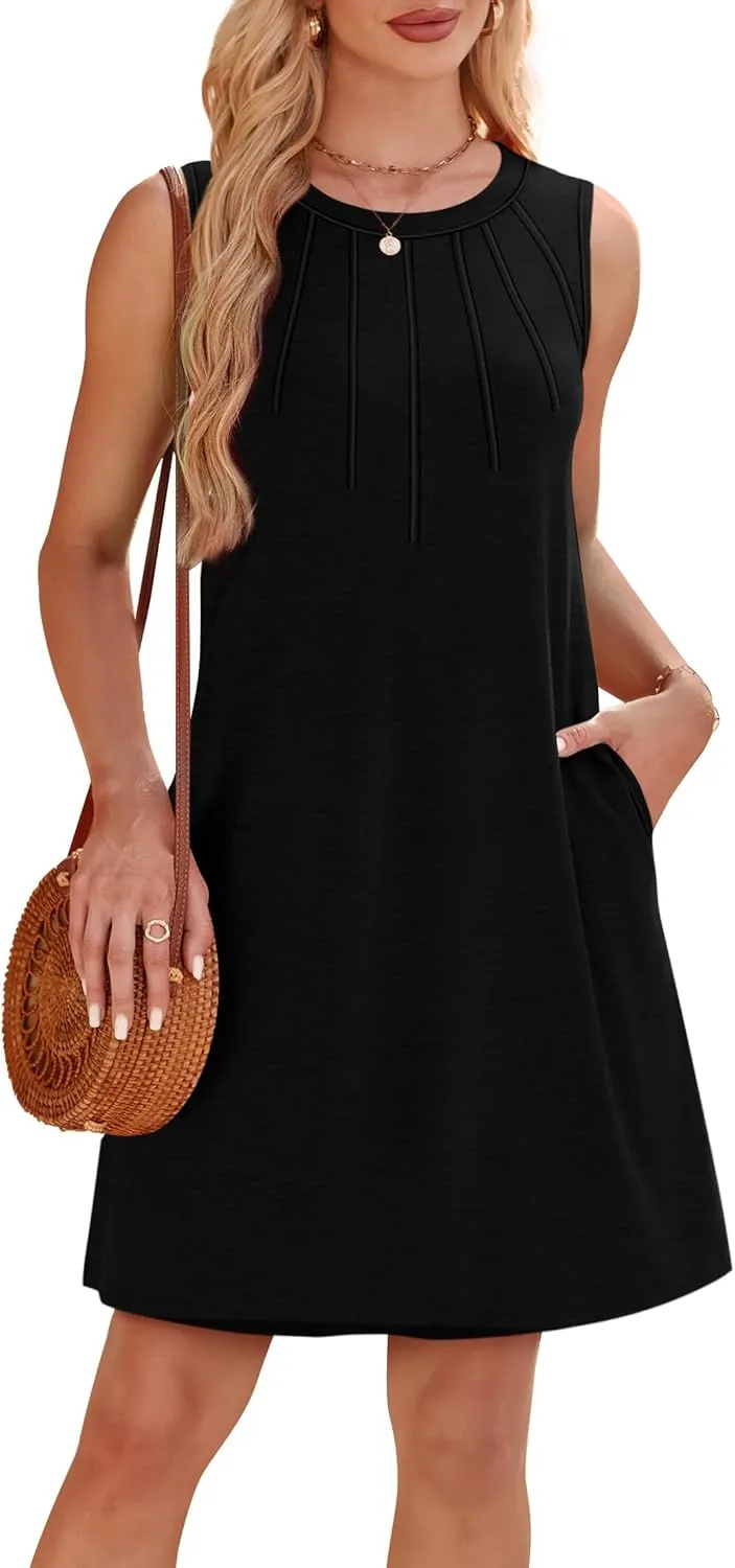 WIHOLL Summer Dresses for Women 2025 Loose Crew Neck Sleeveless Sundresses Casual Swimsuit Coverup with Pockets