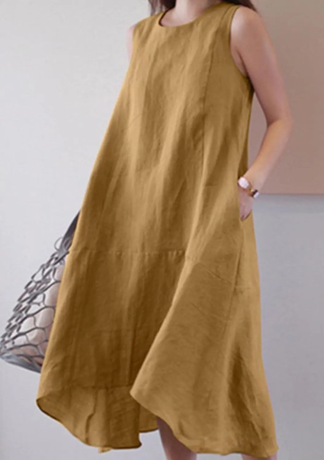 WIWIQS Womens Casual Loose Cotton Linen Tank Dress Solid Color Crew Neck Sleeveless Flowy Midi Dresses