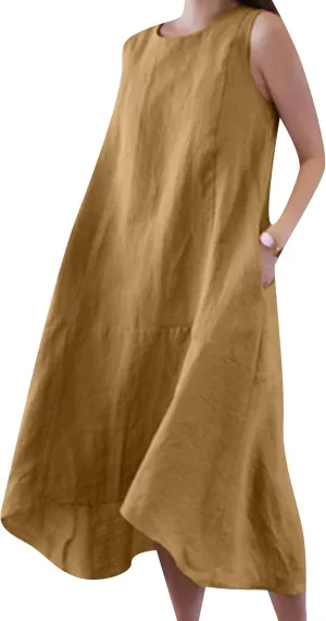 WIWIQS Womens Casual Loose Cotton Linen Tank Dress Solid Color Crew Neck Sleeveless Flowy Midi Dresses