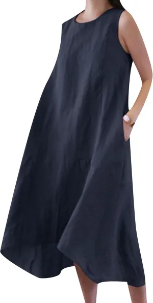 WIWIQS Womens Casual Loose Cotton Linen Tank Dress Solid Color Crew Neck Sleeveless Flowy Midi Dresses