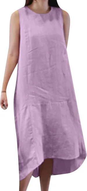 WIWIQS Womens Casual Loose Cotton Linen Tank Dress Solid Color Crew Neck Sleeveless Flowy Midi Dresses