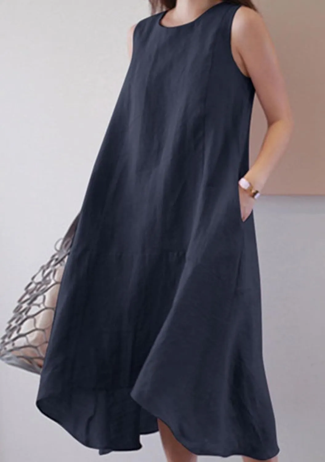 WIWIQS Womens Casual Loose Cotton Linen Tank Dress Solid Color Crew Neck Sleeveless Flowy Midi Dresses