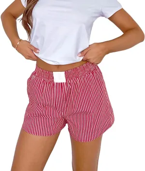 Women Boxer Shorts Striped Elastic Button Pajama Shorts Y2k Mid Waist Lounge Shorts Summer Beach Sleepwear