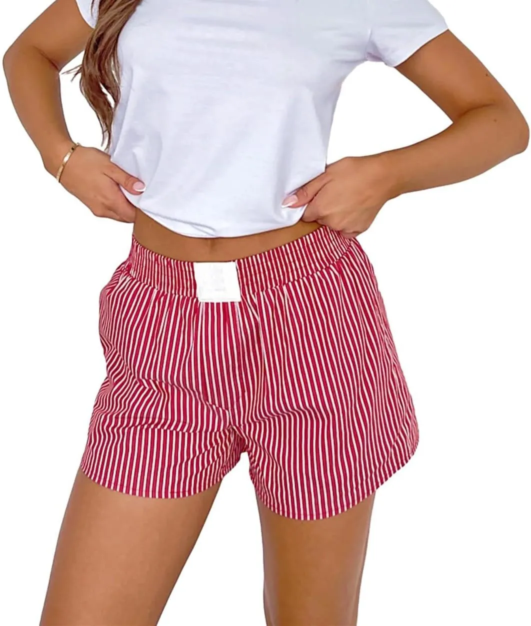 Women Boxer Shorts Striped Elastic Button Pajama Shorts Y2k Mid Waist Lounge Shorts Summer Beach Sleepwear