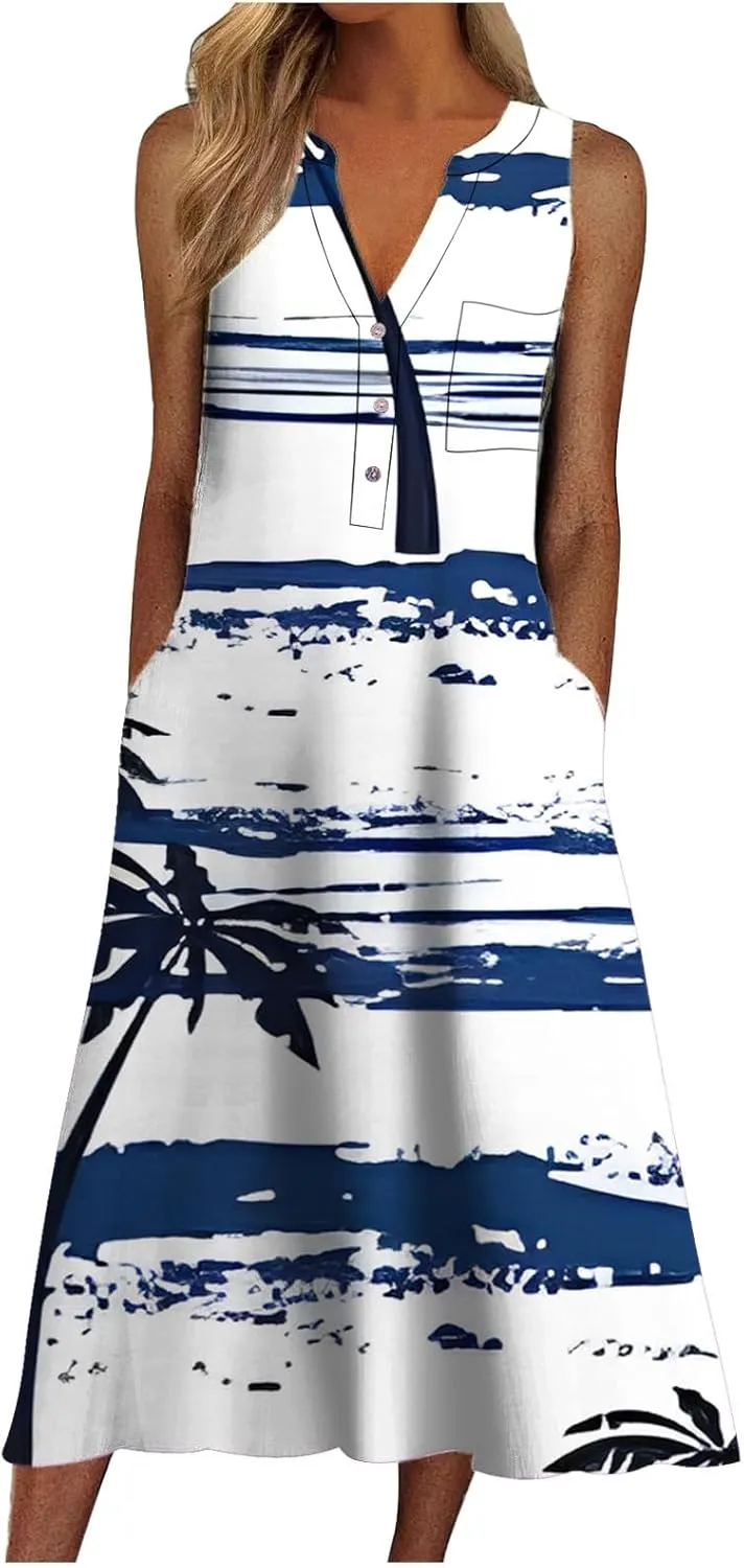 Women Casual Loose Long Dress Sleeveless Split Maxi Dresses Summer Beach Summer Casual Dresses for Women Knee