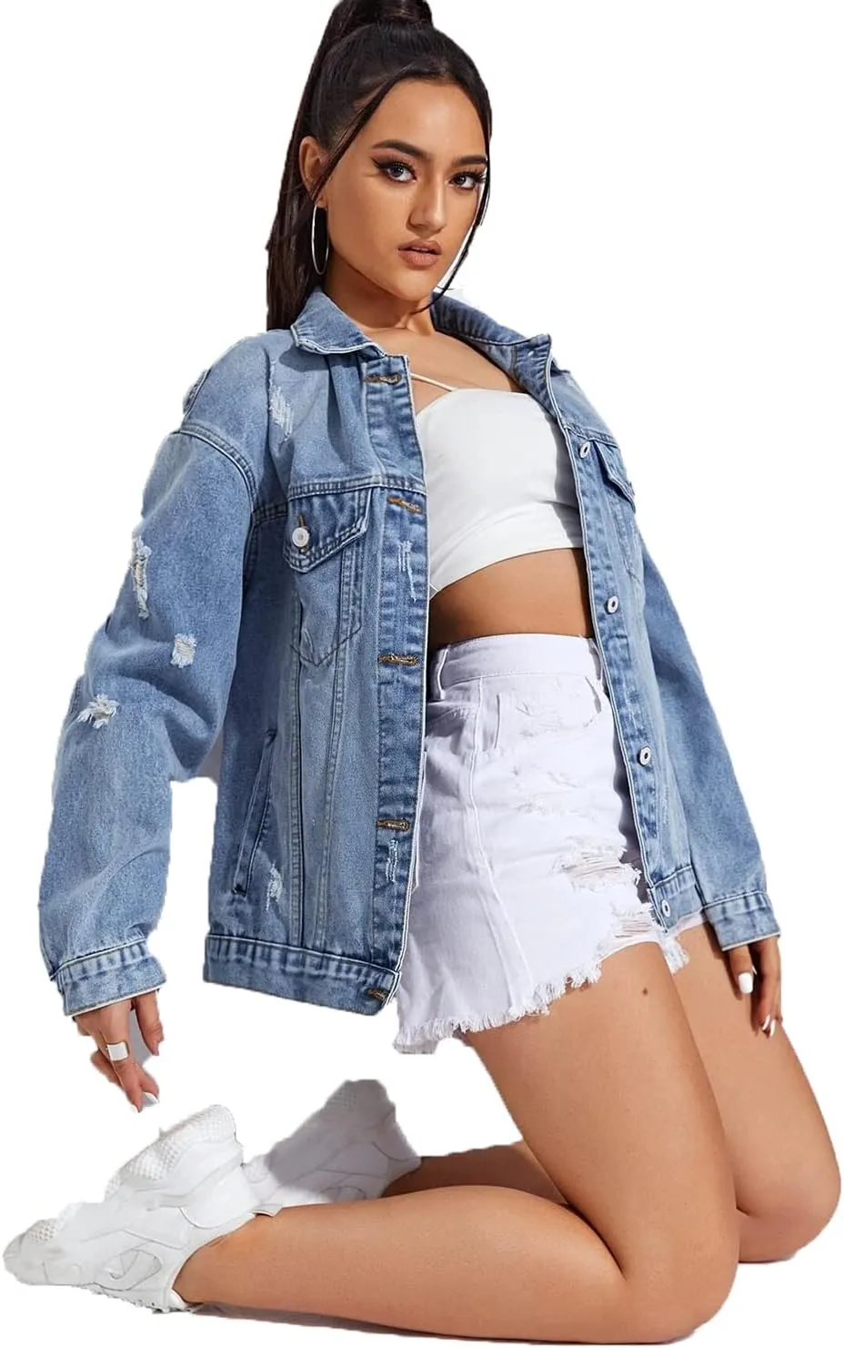 Women Casual Oversize Denim Jackets Mid Long Vintage Ripped Jean Coats