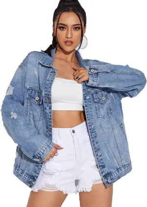 Women Casual Oversize Denim Jackets Mid Long Vintage Ripped Jean Coats