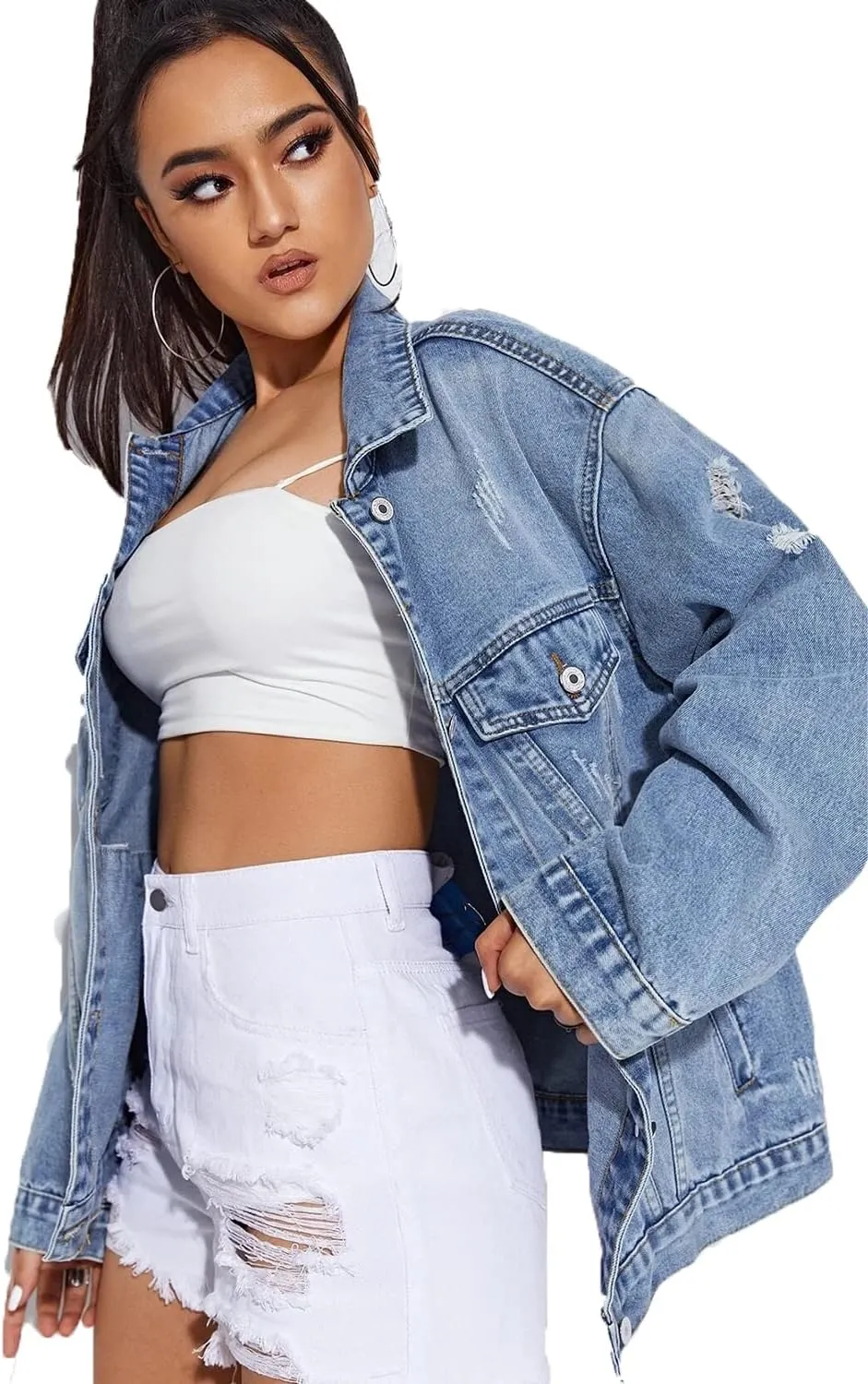Women Casual Oversize Denim Jackets Mid Long Vintage Ripped Jean Coats