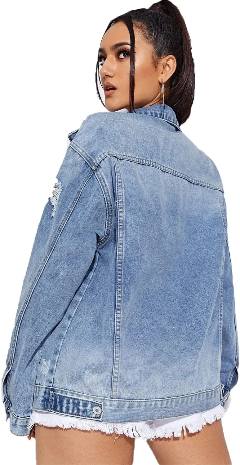 Women Casual Oversize Denim Jackets Mid Long Vintage Ripped Jean Coats