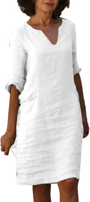 Women Casual Summer Cotton Linen Dresses Vintage 3/4 Sleeve Shirt Derss Beach Sundress Skirt for Women Spring 2025