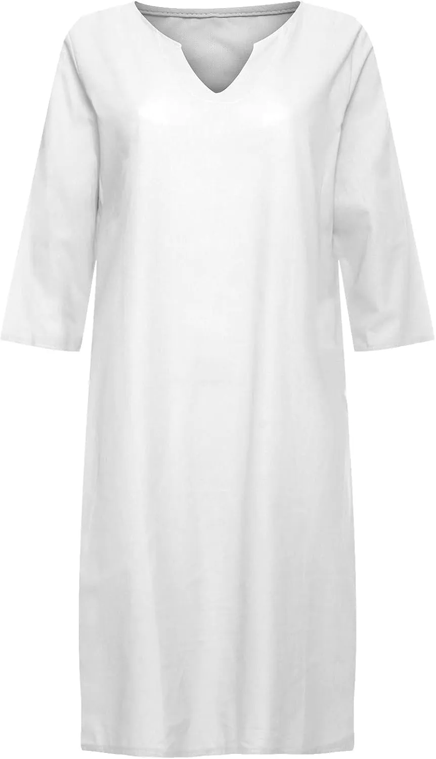 Women Casual Summer Cotton Linen Dresses Vintage 3/4 Sleeve Shirt Derss Beach Sundress Skirt for Women Spring 2025