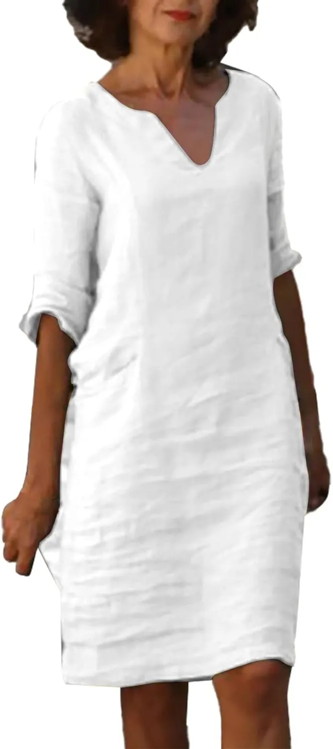 Women Casual Summer Cotton Linen Dresses Vintage 3/4 Sleeve Shirt Derss Beach Sundress Skirt for Women Spring 2025