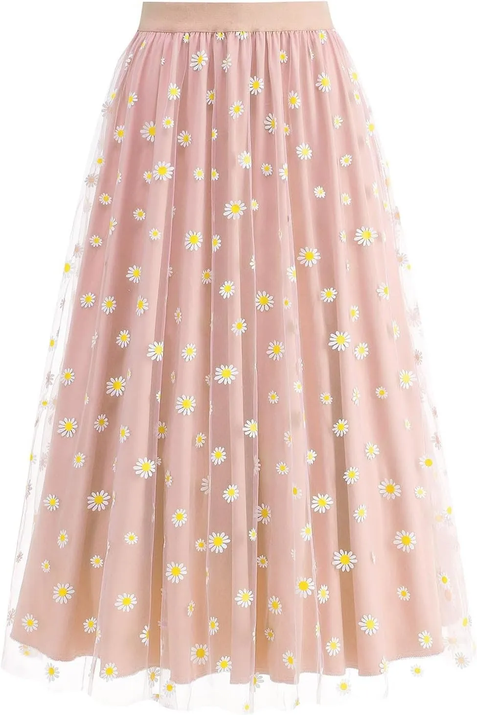 Women Daisy Embroidered Tulle Skirts Floral Mesh Casual Elastic High Waist Long Skirts Flower Swing A Line Skirt