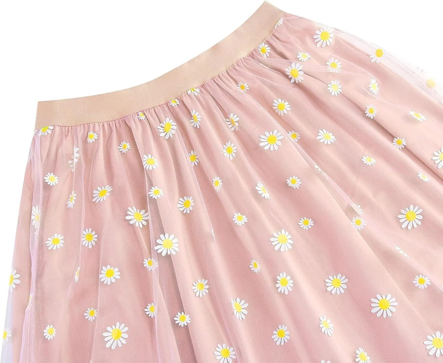 Women Daisy Embroidered Tulle Skirts Floral Mesh Casual Elastic High Waist Long Skirts Flower Swing A Line Skirt