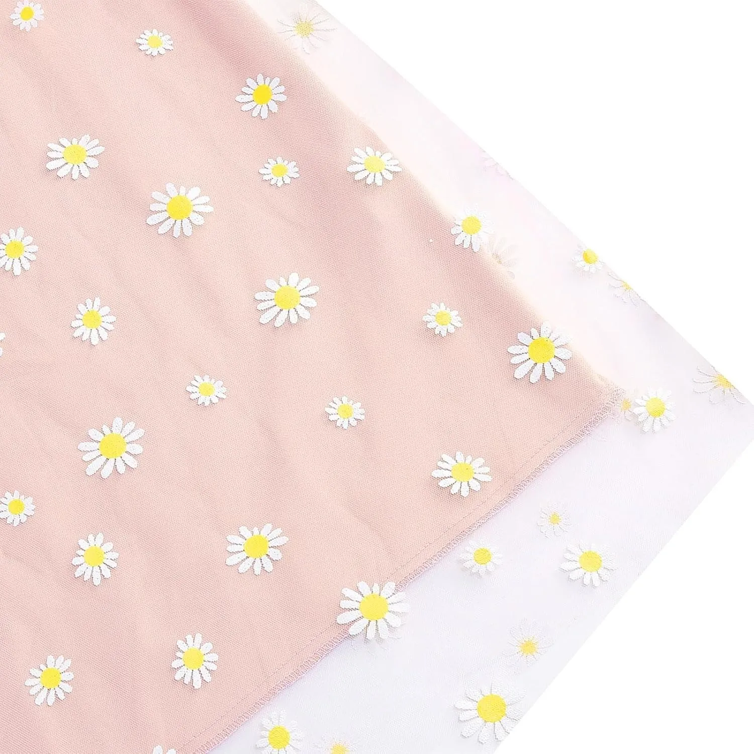 Women Daisy Embroidered Tulle Skirts Floral Mesh Casual Elastic High Waist Long Skirts Flower Swing A Line Skirt
