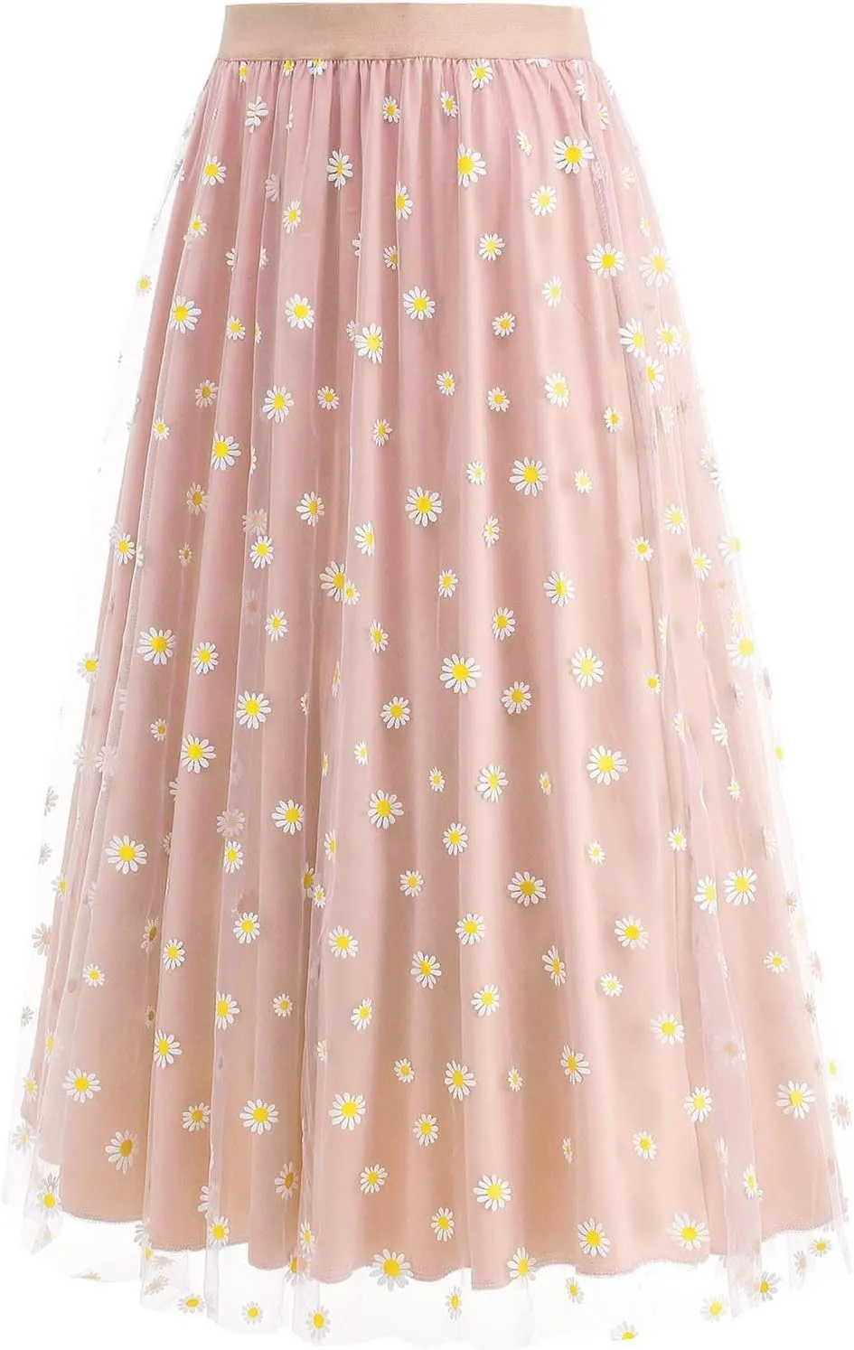 Women Daisy Embroidered Tulle Skirts Floral Mesh Casual Elastic High Waist Long Skirts Flower Swing A Line Skirt