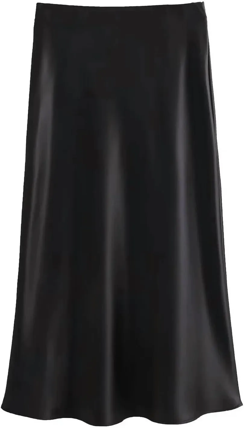 Women Elegant Solid Satin Long Skirt Chic Y2K High Waist Slim Skirts Female Fashion Silk Texture Ladies Tight Midi Skirt