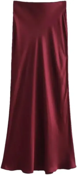 Women Fashion Satin Solid Color Pleated Midi Skirt, Vintage Mid Elastic Waist for Chic Lady