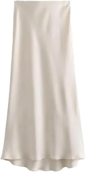 Women Fashion Satin Solid Color Pleated Midi Skirt, Vintage Mid Elastic Waist for Chic Lady