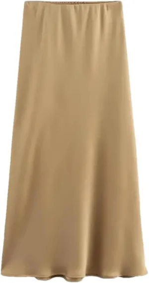 Women Fashion Satin Solid Color Pleated Midi Skirt, Vintage Mid Elastic Waist for Chic Lady
