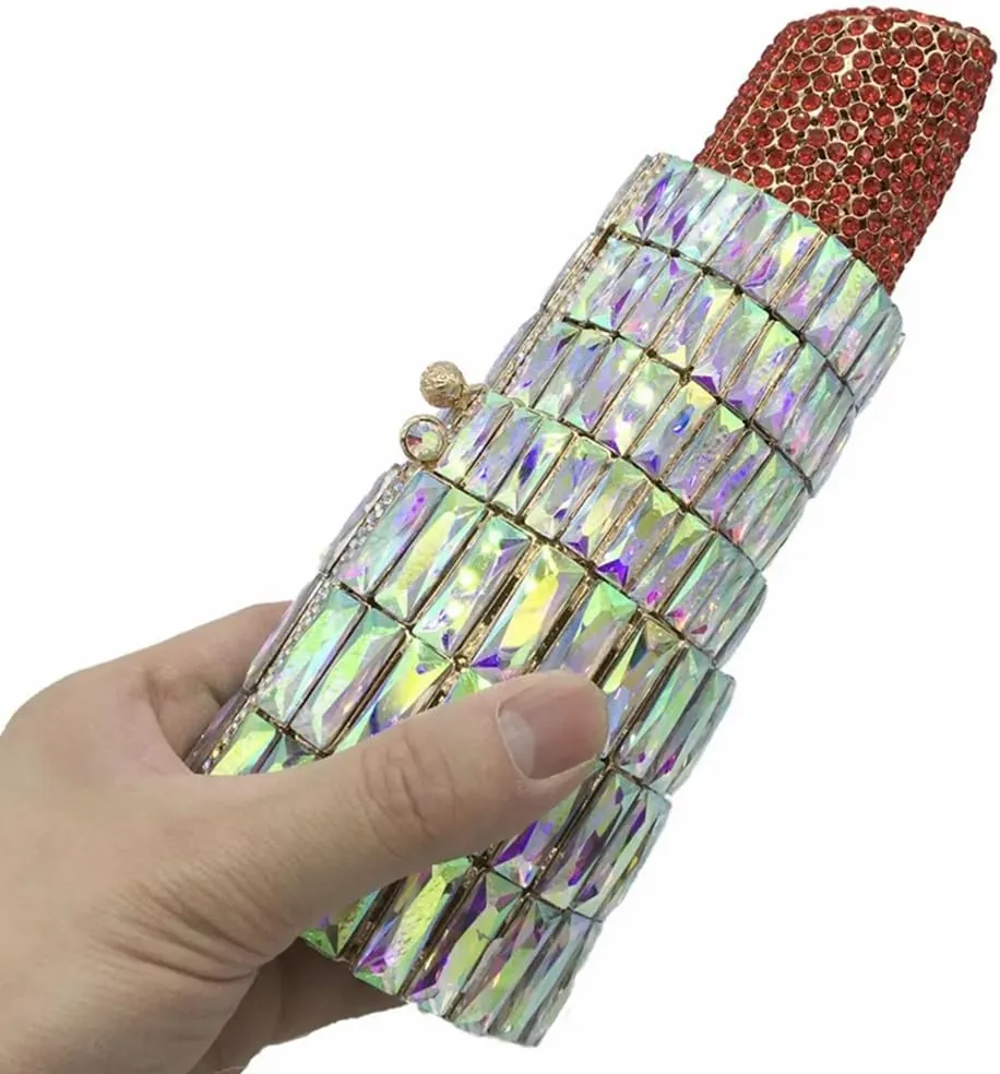 Women Glittering Lipstick Evening Bag Rhinestone Crystal Evening Clutch Vintage Wedding Party Prom Handbag Purses