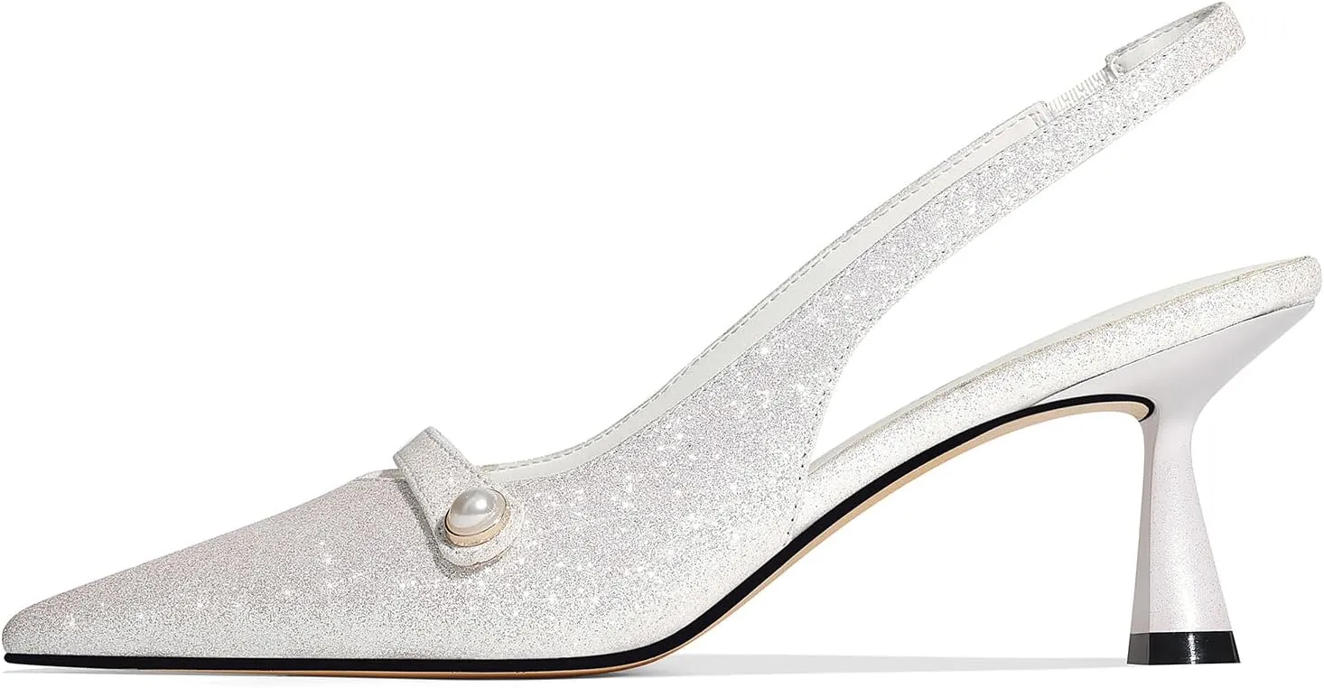 Women Kitten Heels Slingback Low Heel Pumps Dress Shoes for Women Closed Pointed Toe Pearl Heels for Work Wedding Bridal