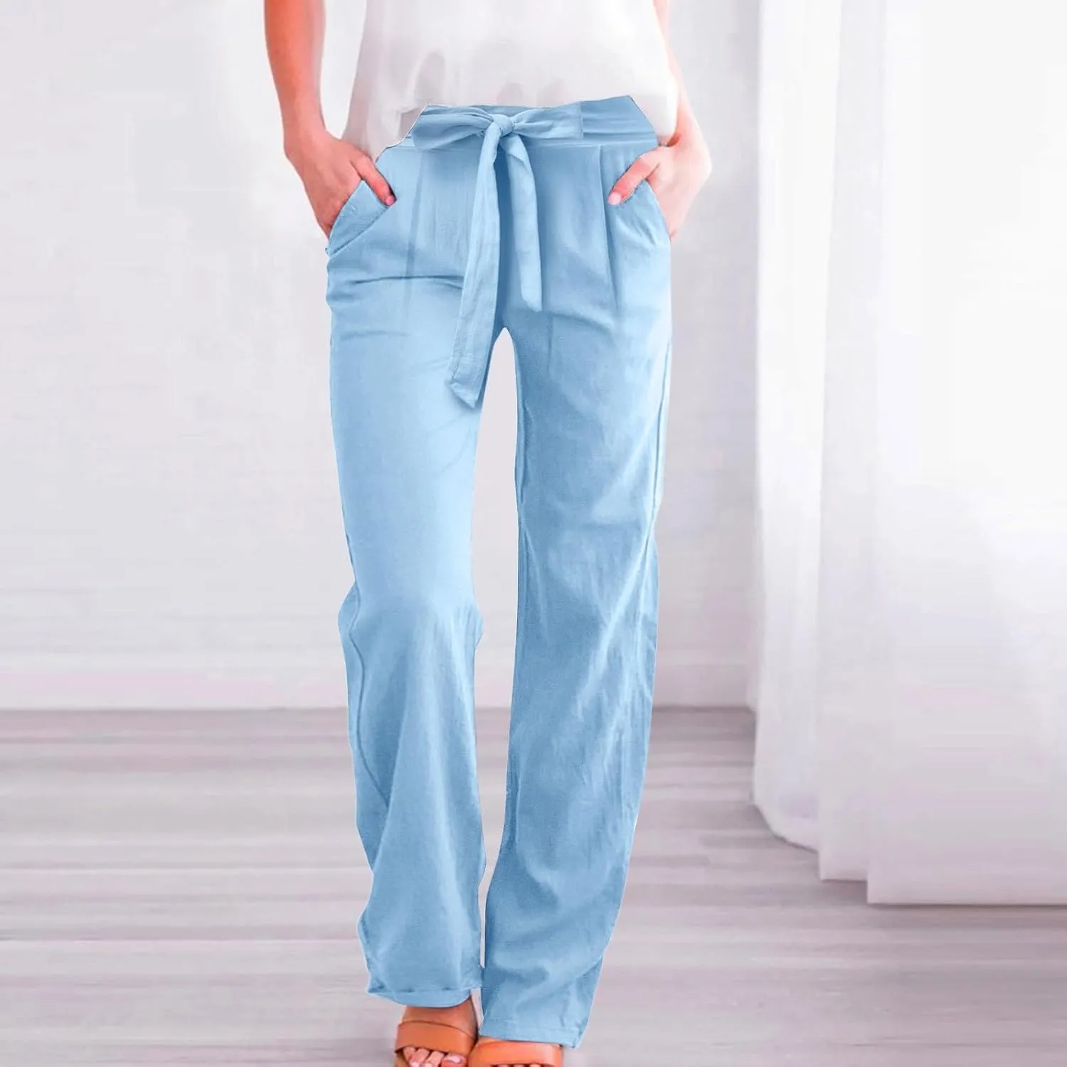 Women Linen Palazzo Pants Winter Flexible Work Capris with Pockets Water Resistant Water Resistant