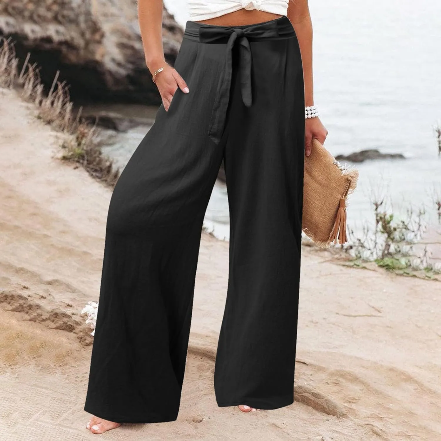 Women Linen Palazzo Pants Winter Flexible Work Capris with Pockets Water Resistant Water Resistant