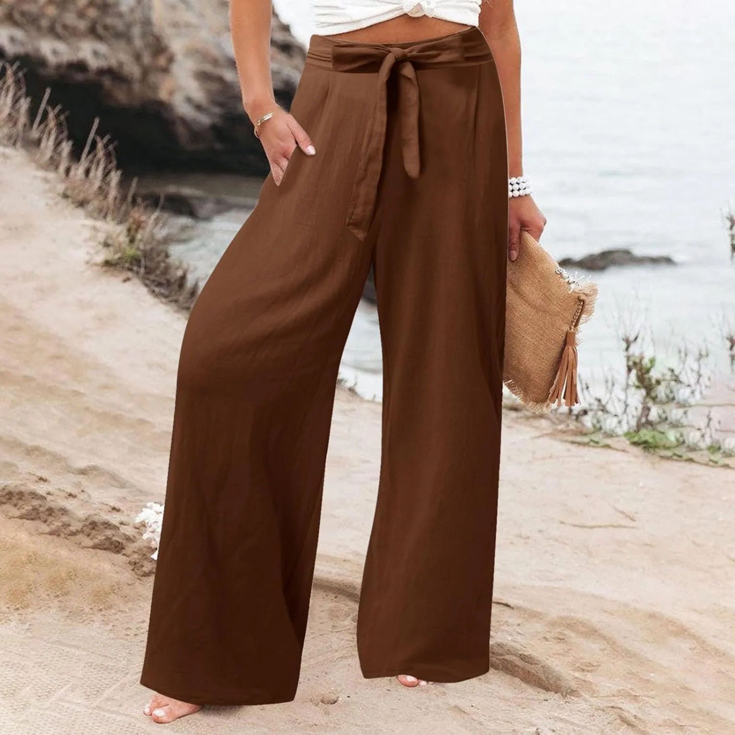 Women Linen Palazzo Pants Winter Flexible Work Capris with Pockets Water Resistant Water Resistant