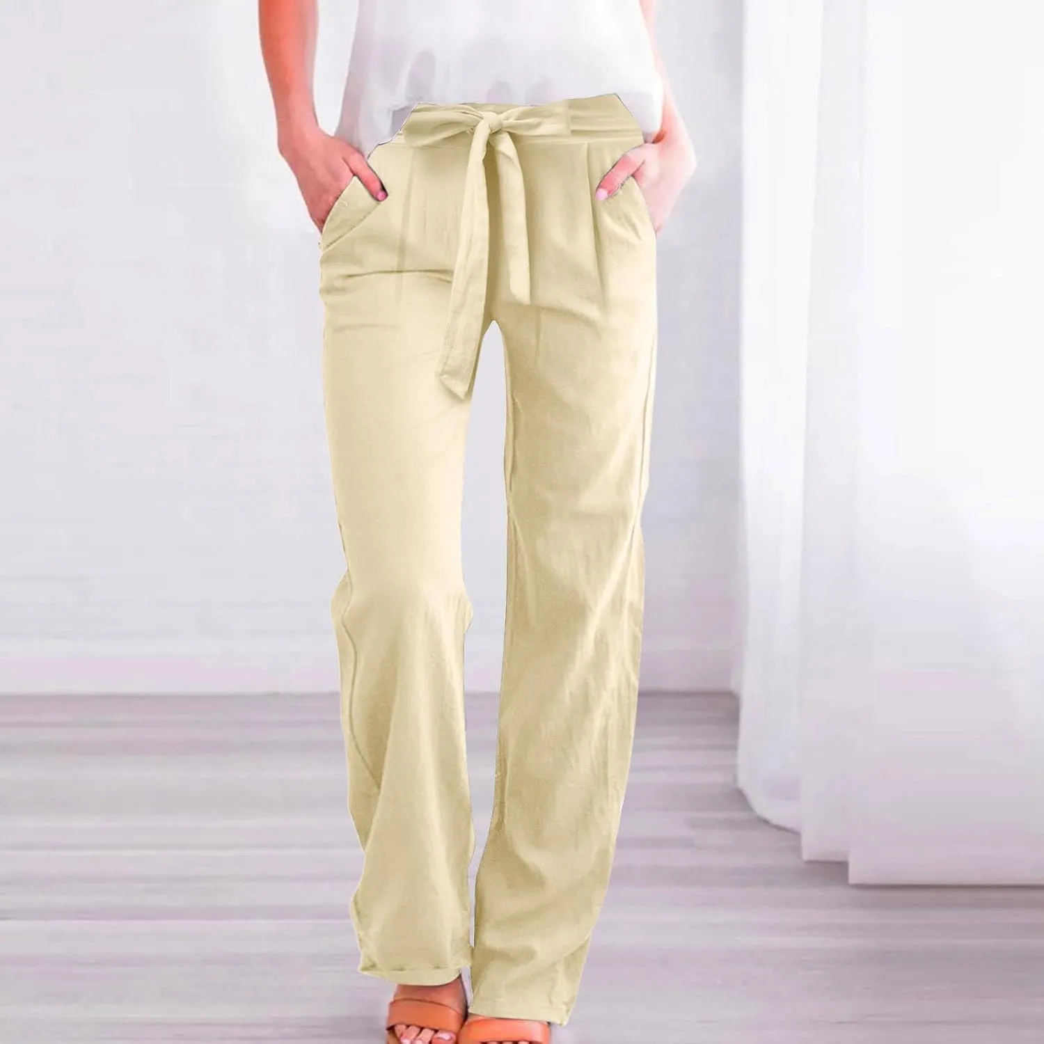 Women Linen Palazzo Pants Winter Flexible Work Capris with Pockets Water Resistant Water Resistant