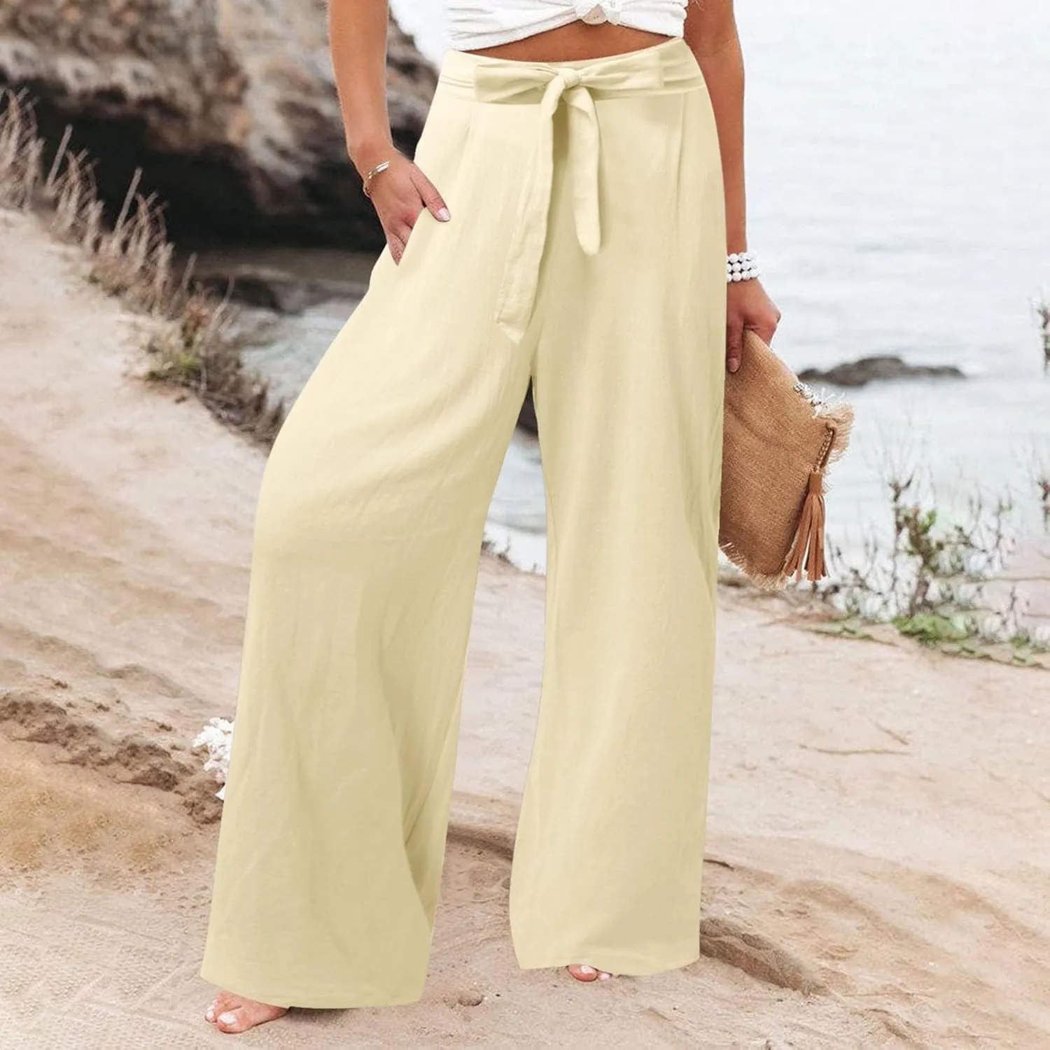 Women Linen Palazzo Pants Winter Flexible Work Capris with Pockets Water Resistant Water Resistant
