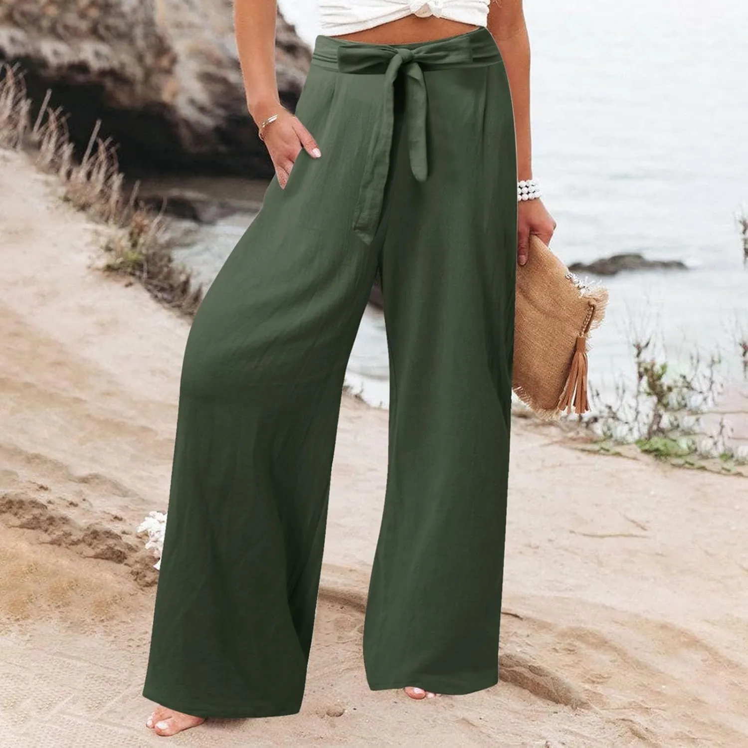 Women Linen Palazzo Pants Winter Flexible Work Capris with Pockets Water Resistant Water Resistant