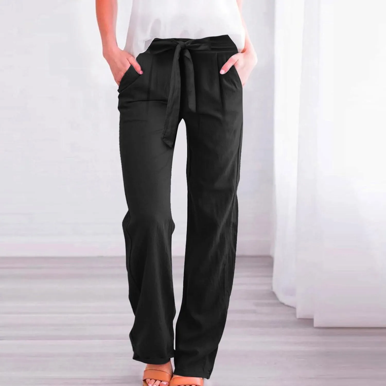 Women Linen Palazzo Pants Winter Flexible Work Capris with Pockets Water Resistant Water Resistant