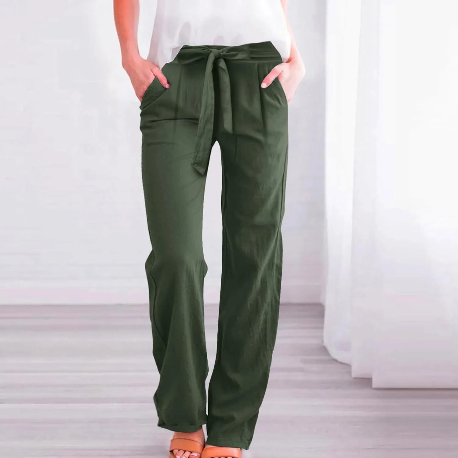 Women Linen Palazzo Pants Winter Flexible Work Capris with Pockets Water Resistant Water Resistant