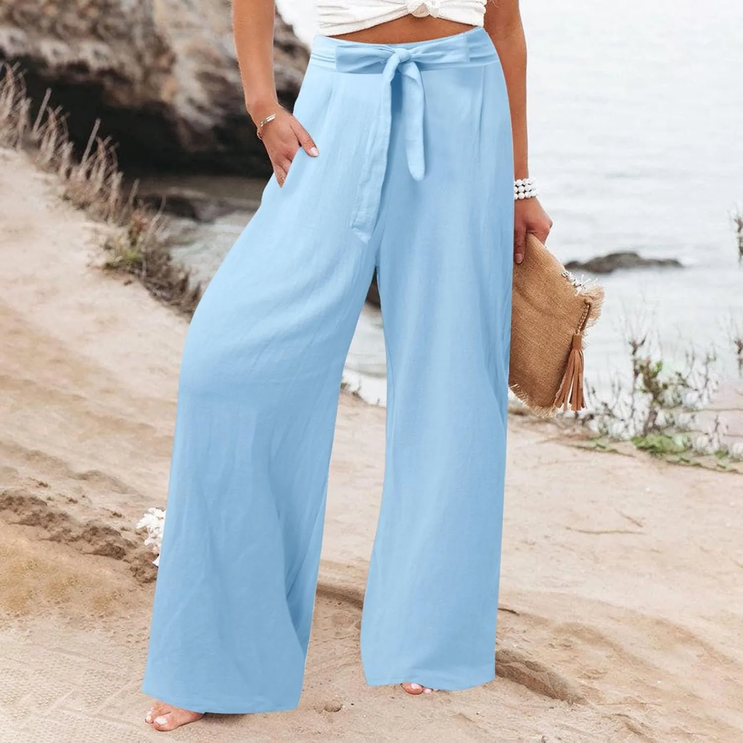 Women Linen Palazzo Pants Winter Flexible Work Capris with Pockets Water Resistant Water Resistant
