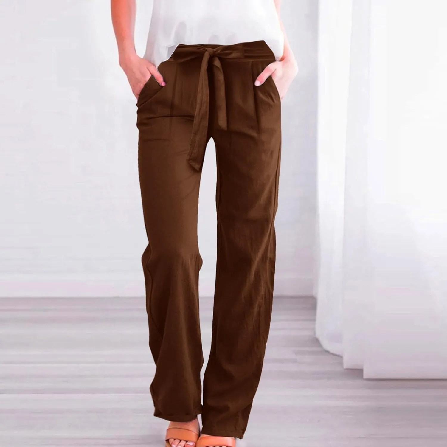 Women Linen Palazzo Pants Winter Flexible Work Capris with Pockets Water Resistant Water Resistant