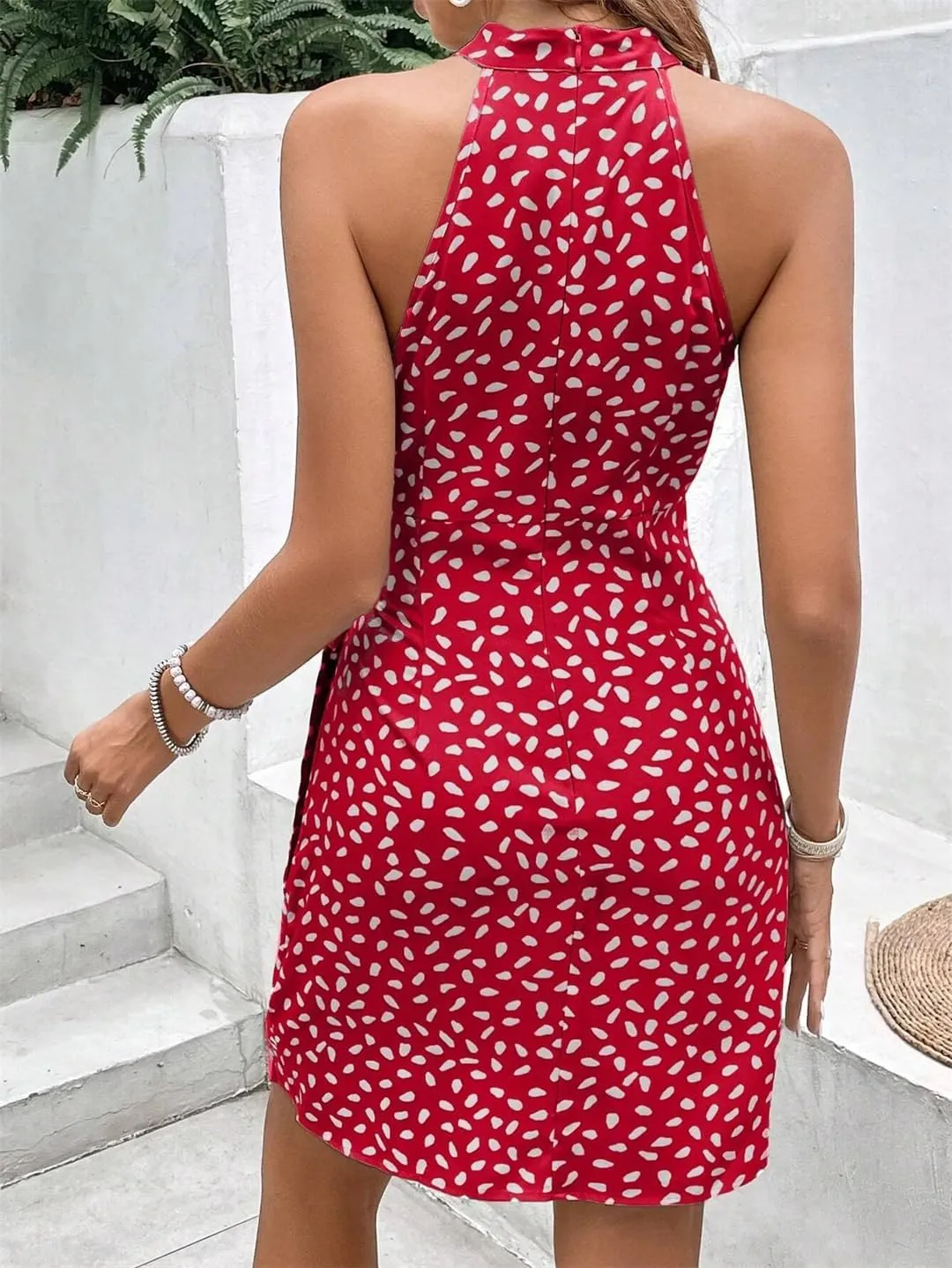 Women Mini Halter Floral Print Sleeveless Lace Up Slim Sexy Elegant Casual Dresses