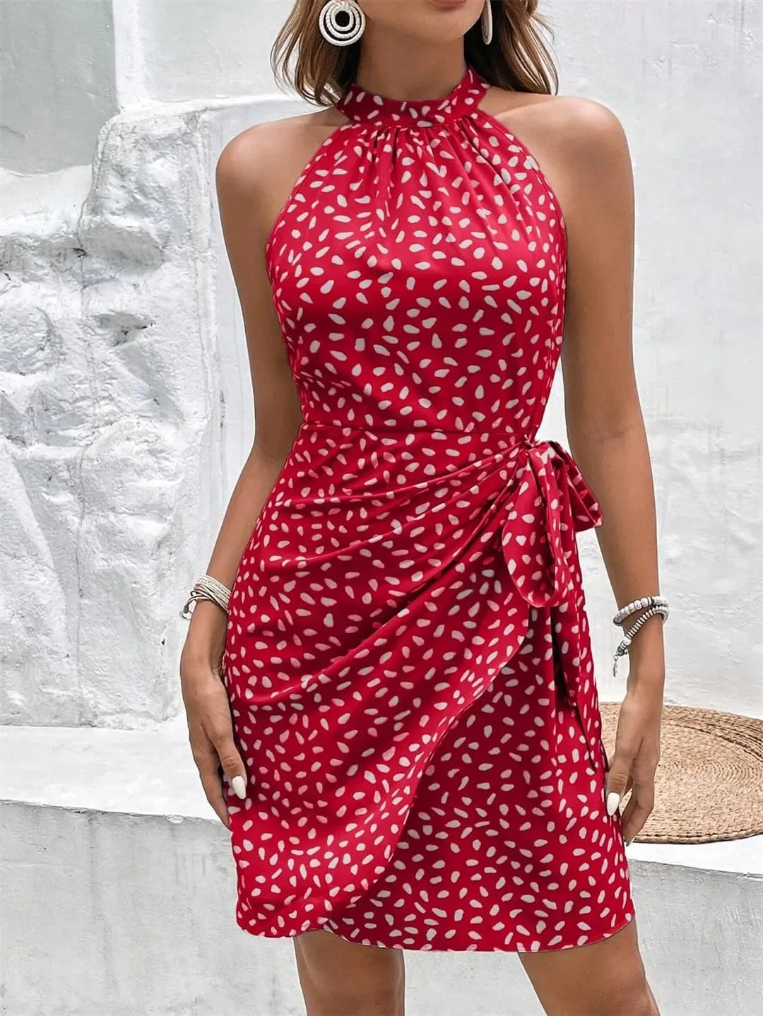 Women Mini Halter Floral Print Sleeveless Lace Up Slim Sexy Elegant Casual Dresses