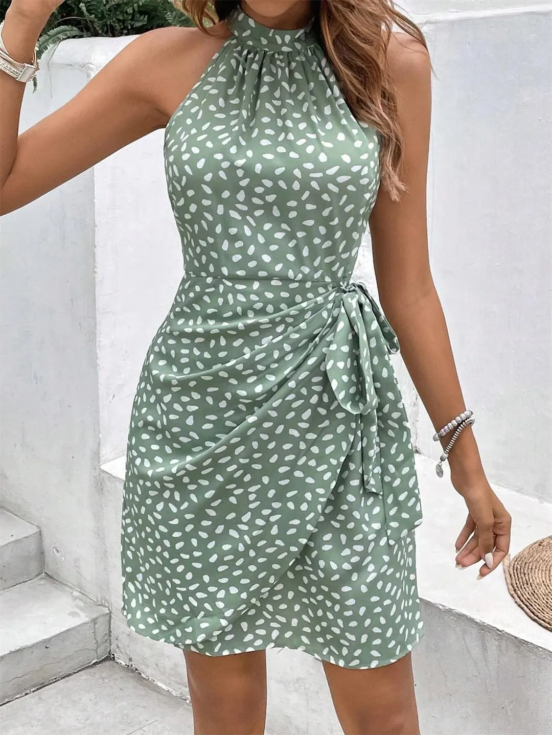 Women Mini Halter Floral Print Sleeveless Lace Up Slim Sexy Elegant Casual Dresses