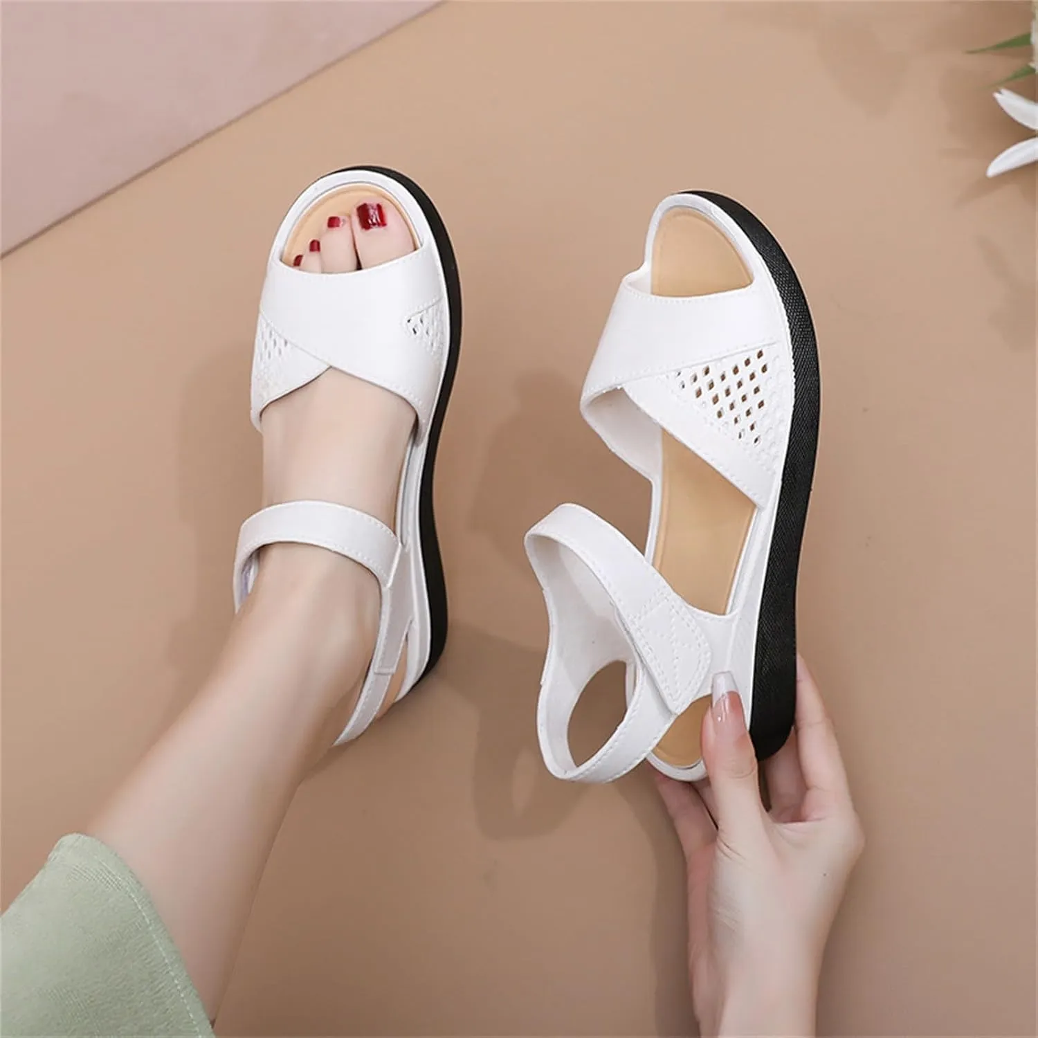 Women Orthopedic Sandals Women Open Toe Ankle Strap Wedge Sandals with Arch Support Leather Wide Width Beach Slides Slip On Walking Shoes