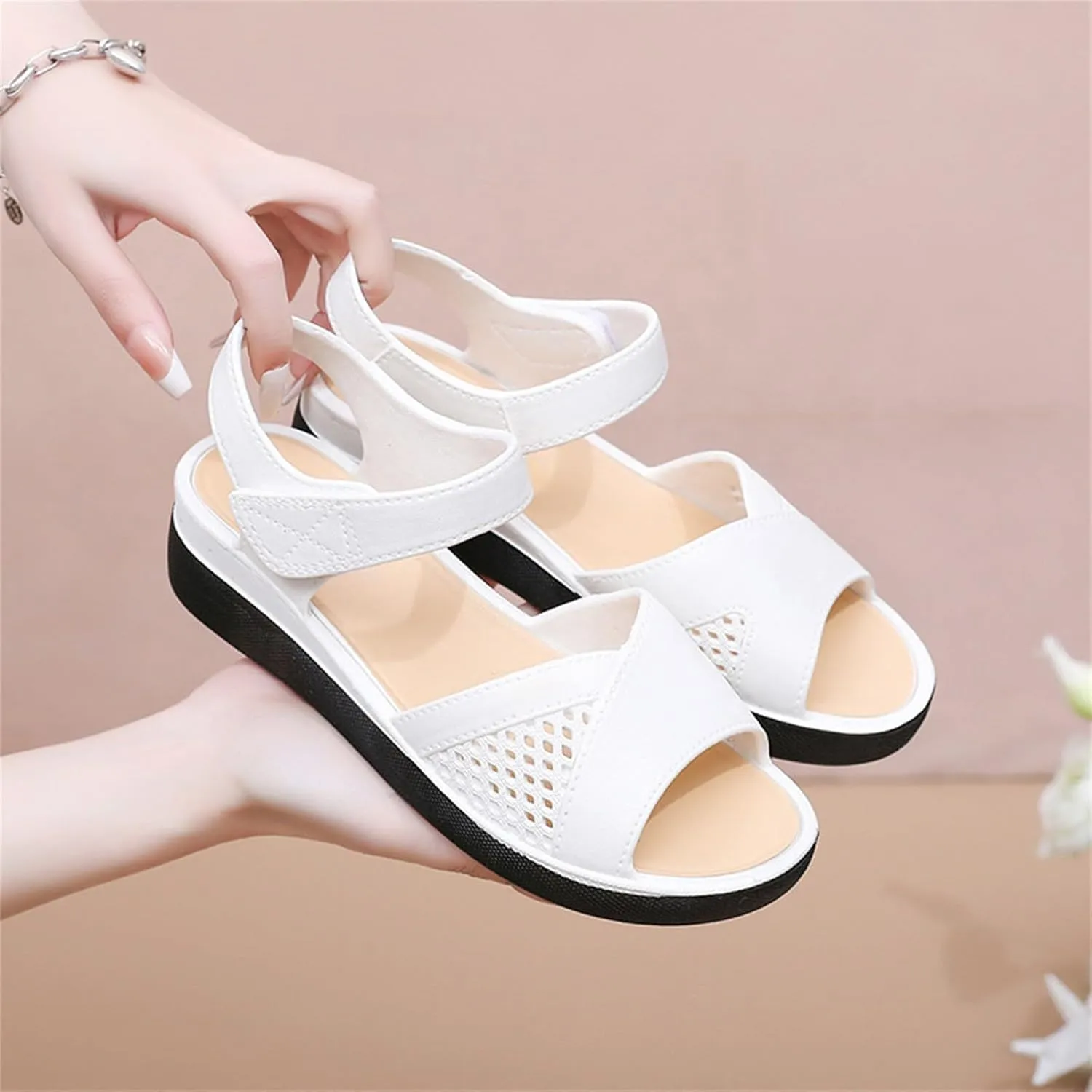 Women Orthopedic Sandals Women Open Toe Ankle Strap Wedge Sandals with Arch Support Leather Wide Width Beach Slides Slip On Walking Shoes