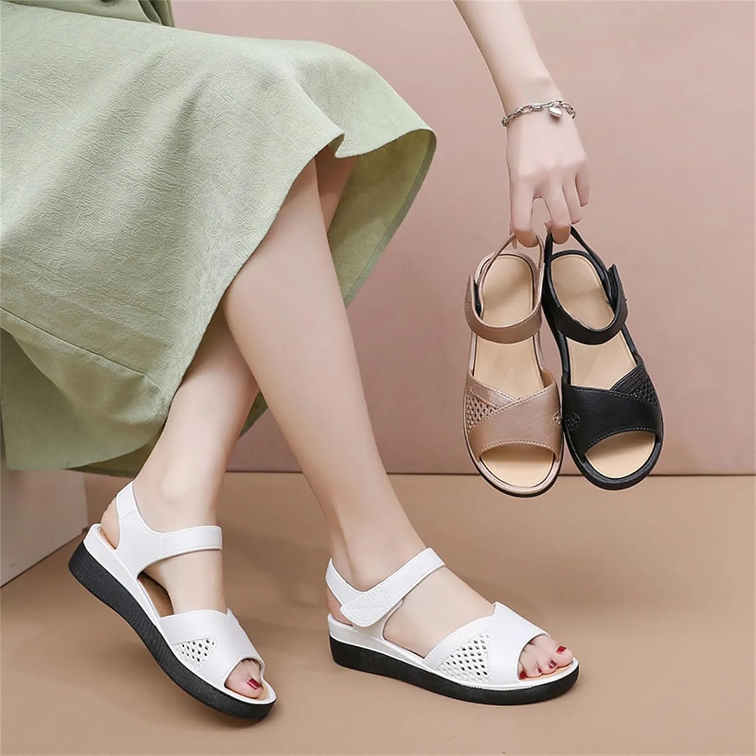 Women Orthopedic Sandals Women Open Toe Ankle Strap Wedge Sandals with Arch Support Leather Wide Width Beach Slides Slip On Walking Shoes