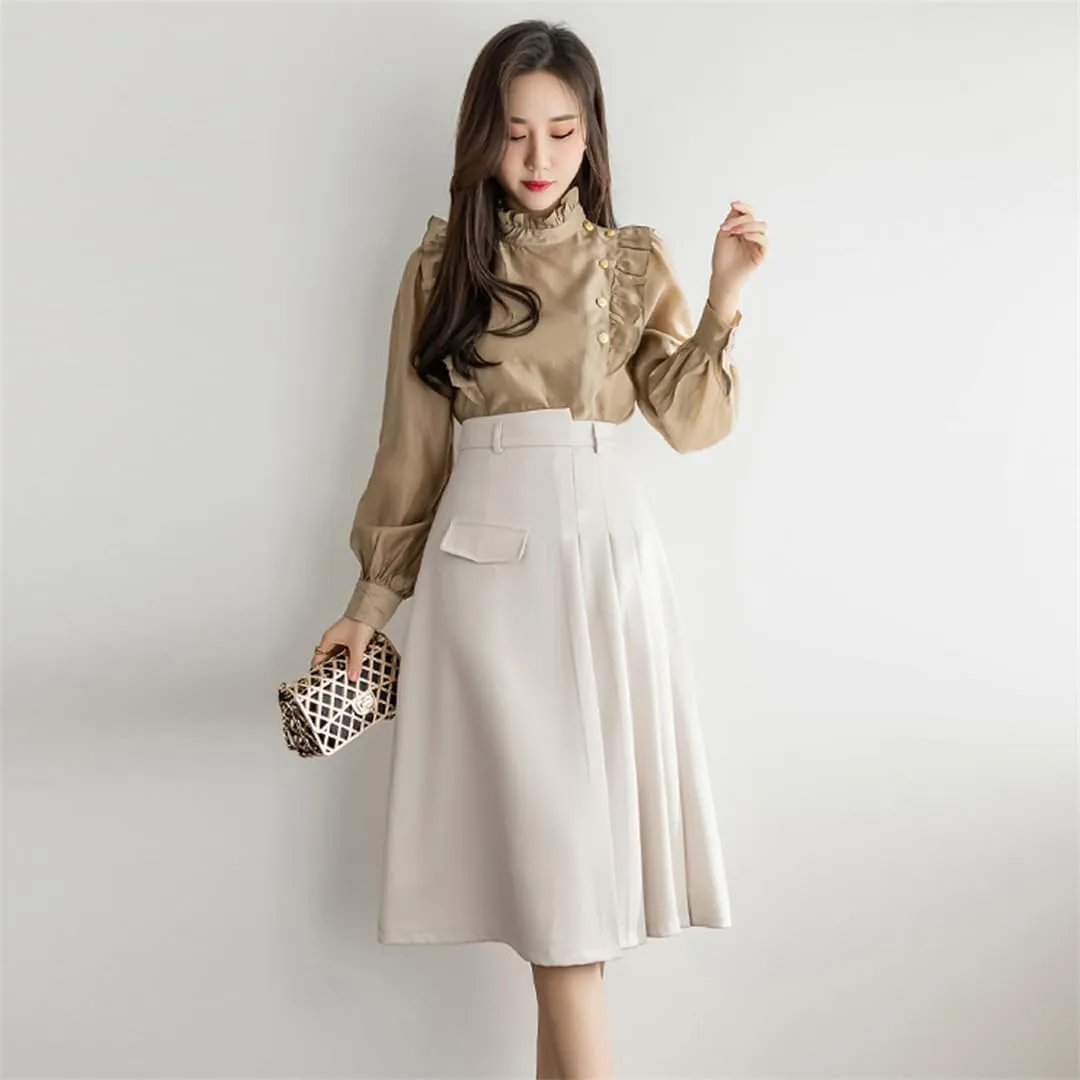 Women Pleated Skirts High Waist A-Line OL Style Formal Midi Skirts Harajuku Chic Street School Skirt