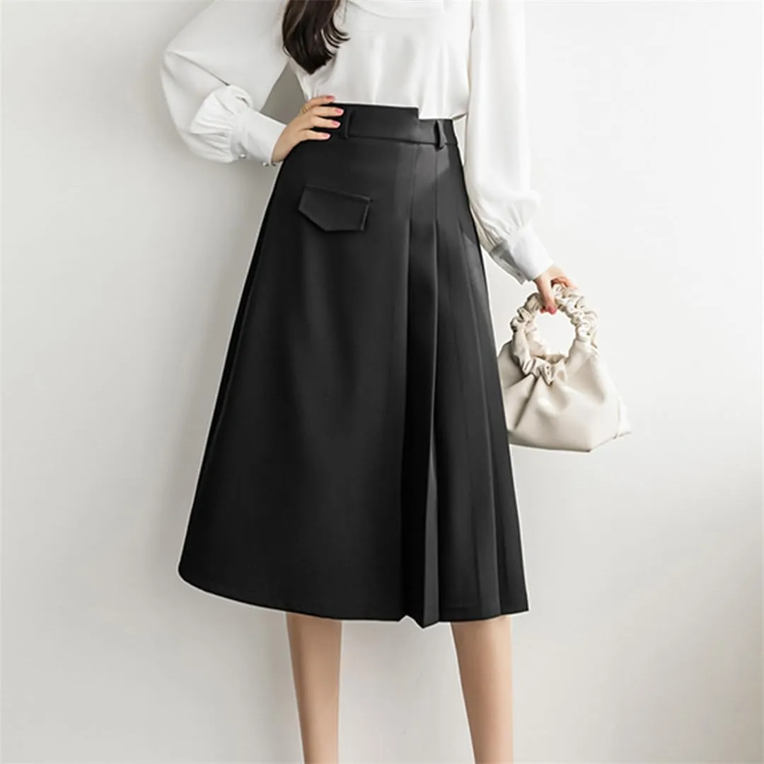 Women Pleated Skirts High Waist A-Line OL Style Formal Midi Skirts Harajuku Chic Street School Skirt